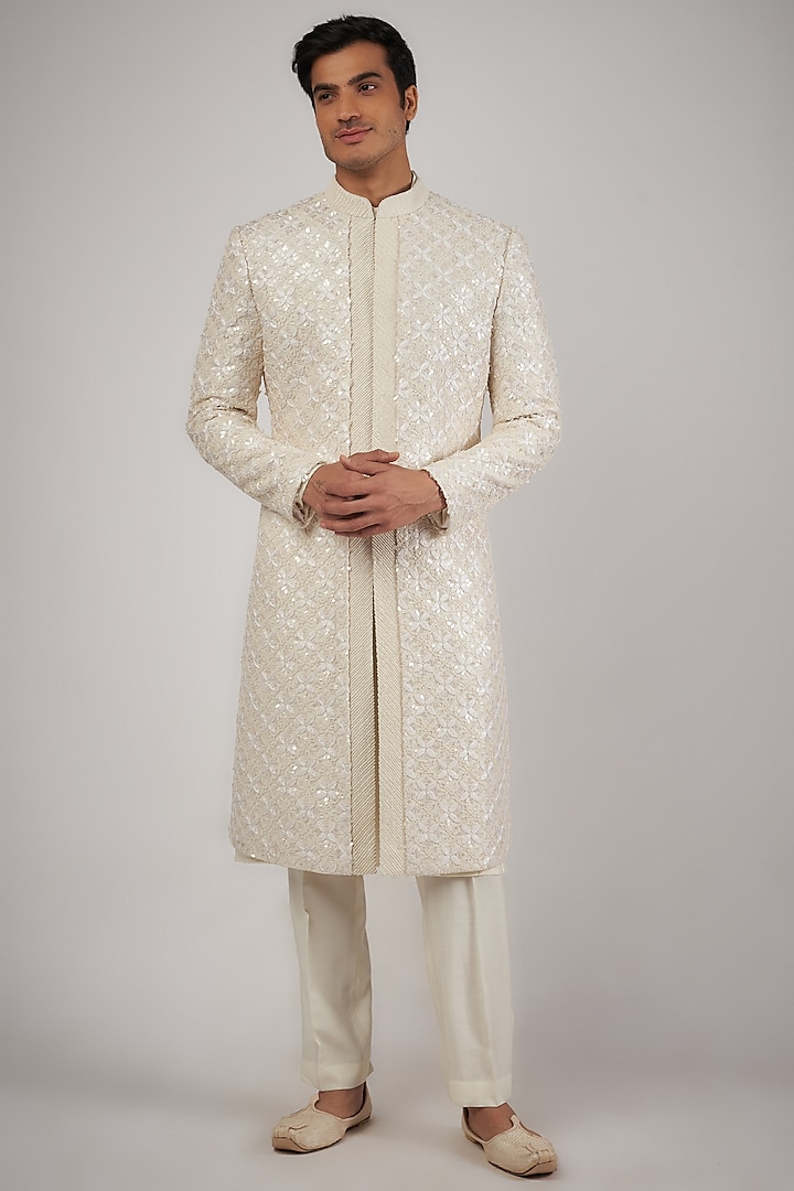 Ivory Raw Silk Sequins & Beads Hand Embroidered Sherwani Set by Amaare