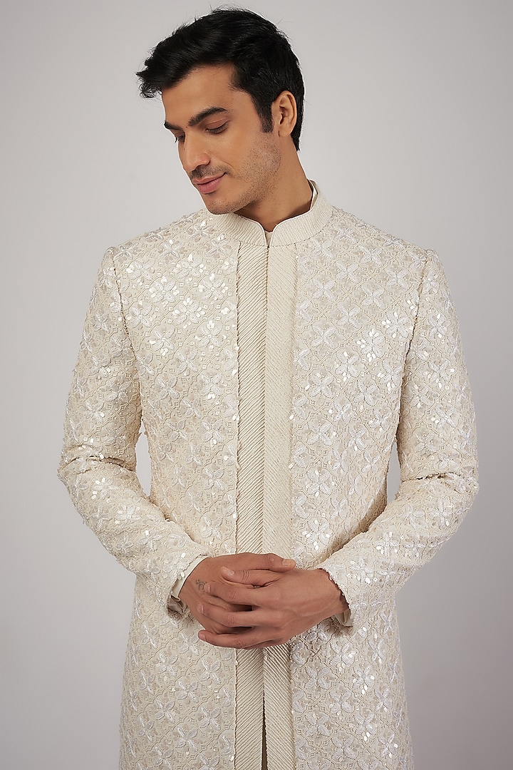 Ivory Raw Silk Sequins & Beads Hand Embroidered Groom Sherwani Set by Amaare at Pernia's Pop Up Shop