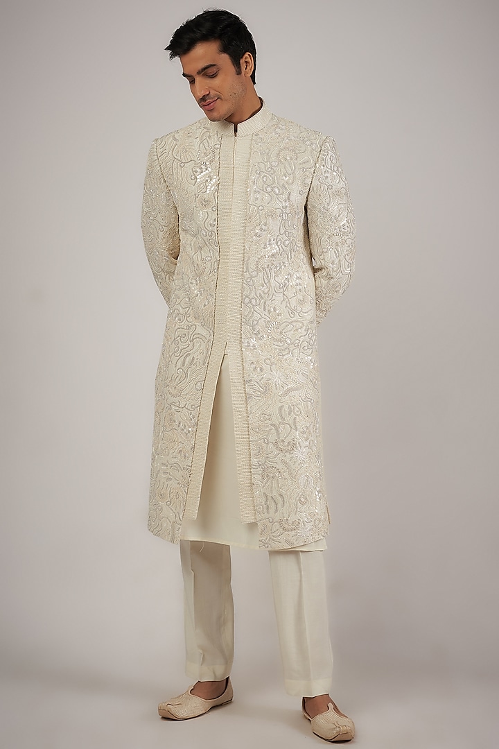 Ivory Raw Silk Sequins & Beads Hand Embroidered Sherwani Set by Amaare