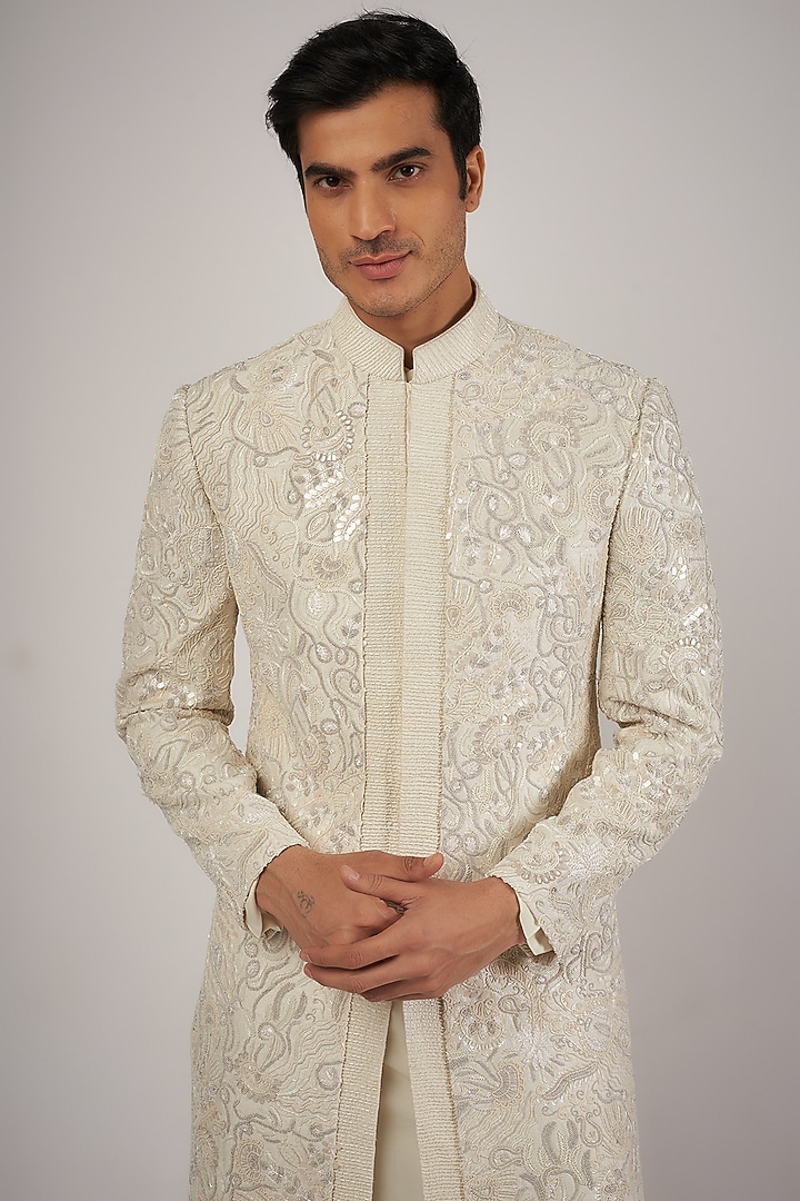 Ivory Raw Silk Sequins & Beads Hand Embroidered Groom Sherwani Set by Amaare at Pernia's Pop Up Shop