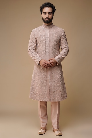 Light Pink Raw Silk Hand Embroidered Sherwani Set by Amaare