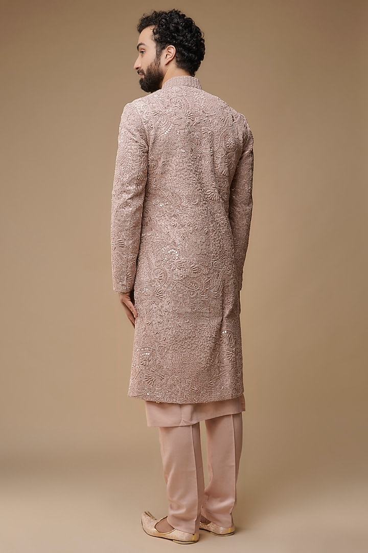 Light Pink Raw Silk Hand Embroidered Groom Sherwani Set by Amaare at Pernia's Pop Up Shop