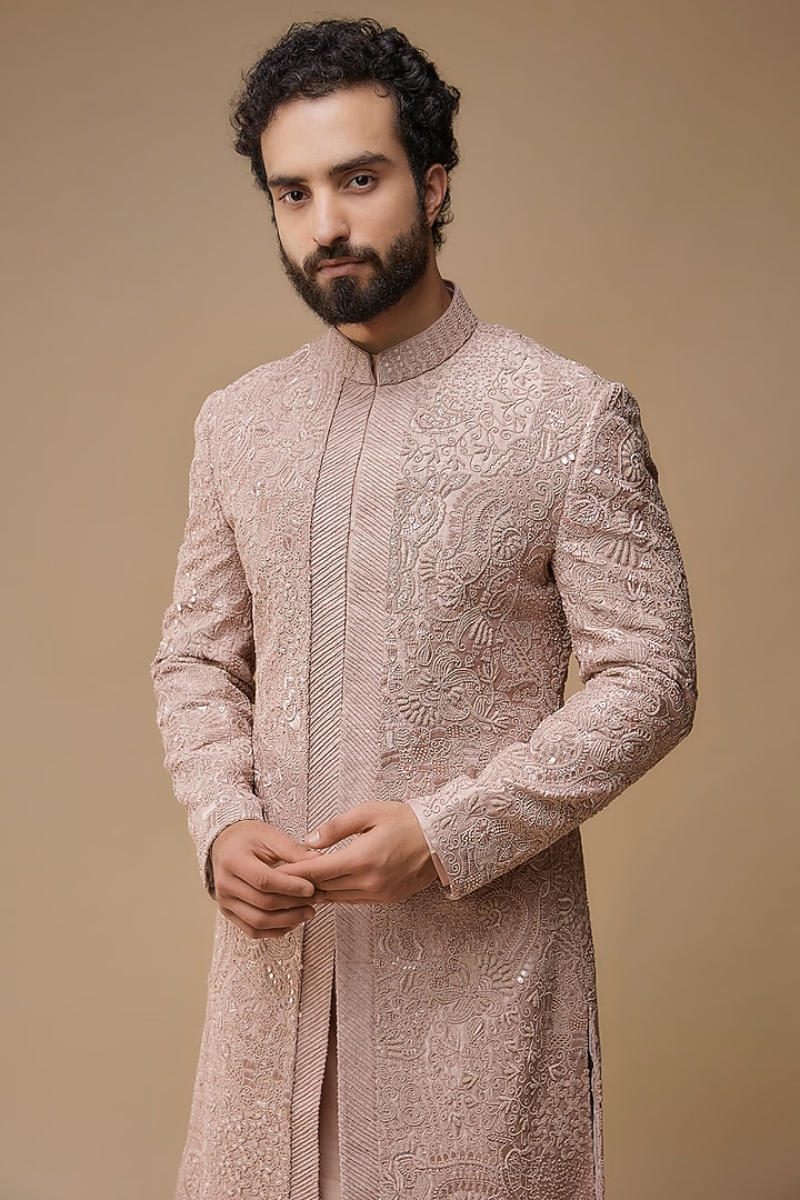 Light Pink Raw Silk Hand Embroidered Groom Sherwani Set by Amaare at Pernia's Pop Up Shop