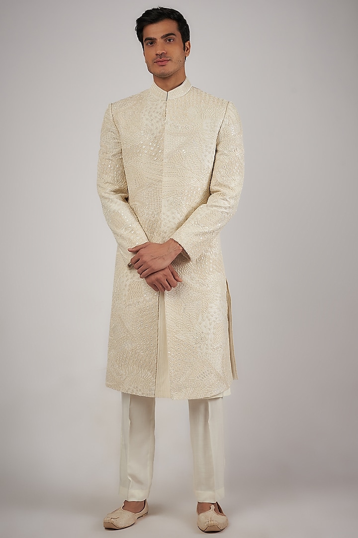 Ivory Raw Silk Sequins & Beads Hand Embroidered Sherwani Set by Amaare