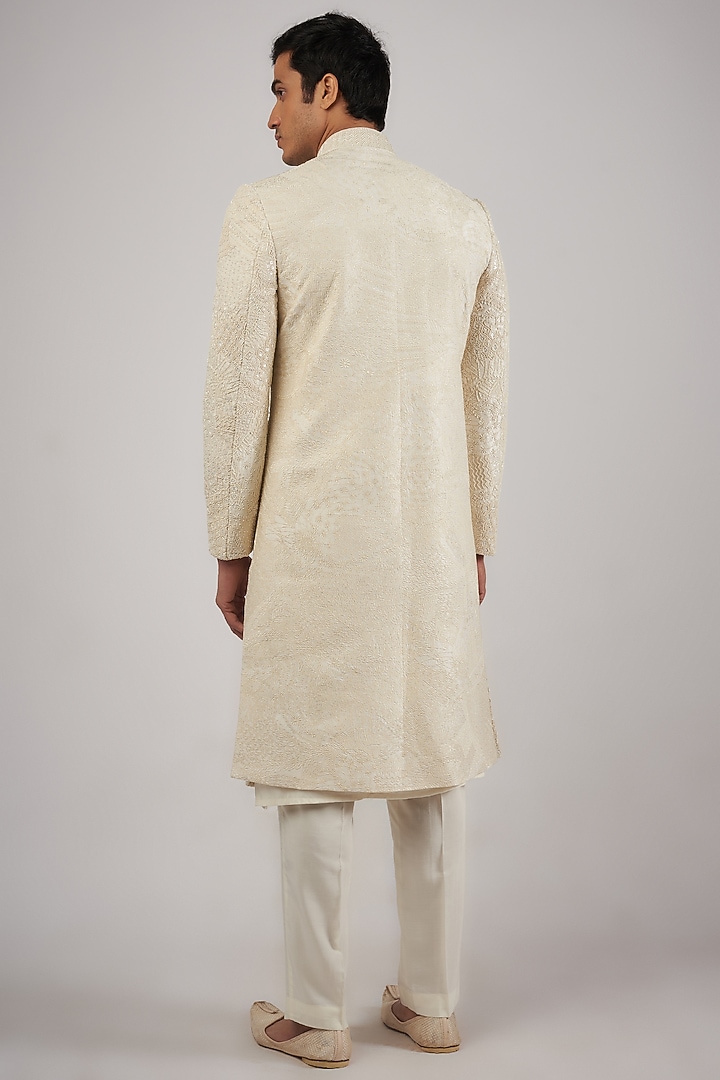 Ivory Raw Silk Sequins & Beads Hand Embroidered Groom Sherwani Set by Amaare at Pernia's Pop Up Shop