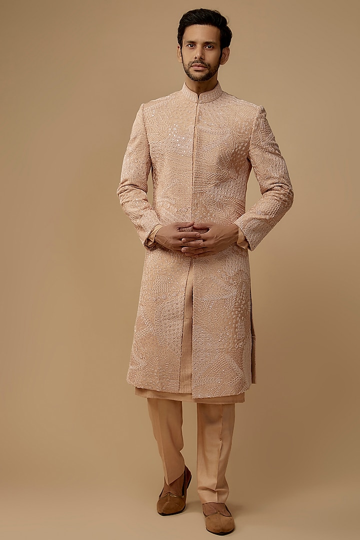 Peach Raw Silk Dabka Embroidered Sherwani Set by Amaare