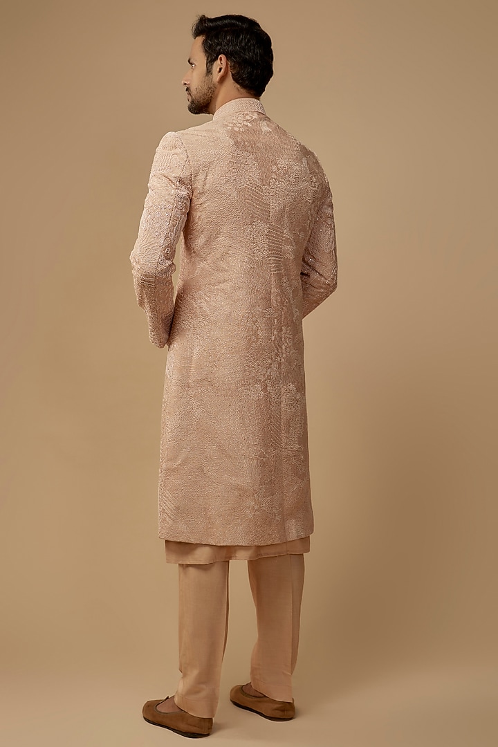 Peach Raw Silk Dabka Embroidered Groom Sherwani Set by Amaare at Pernia's Pop Up Shop