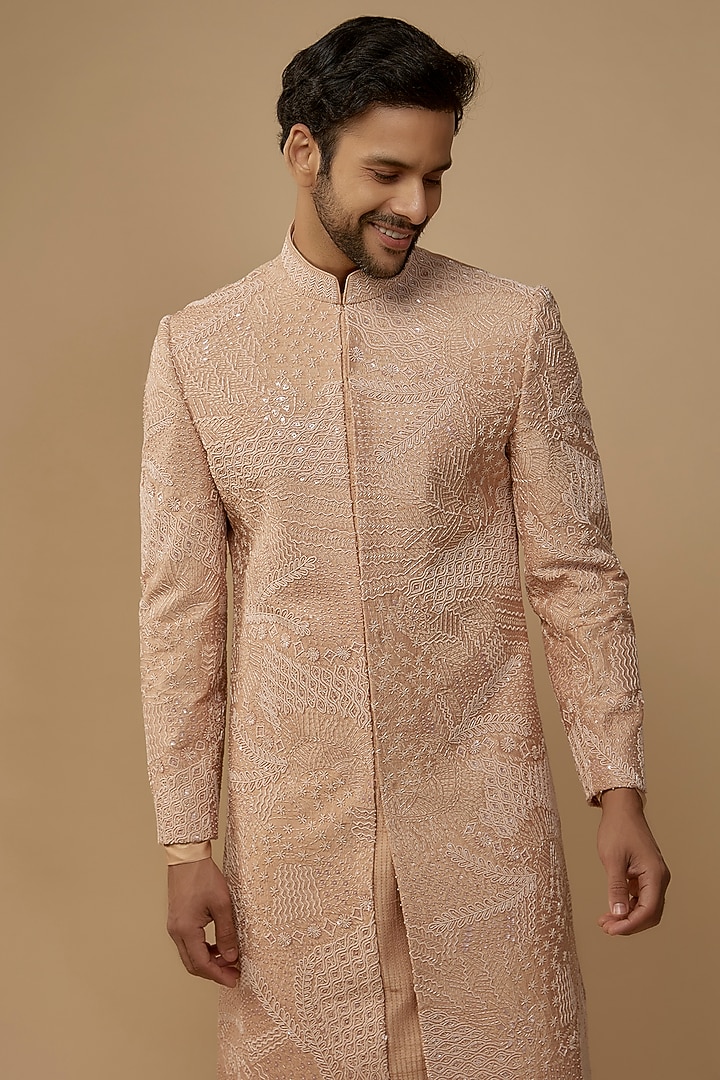 Peach Raw Silk Dabka Embroidered Groom Sherwani Set by Amaare at Pernia's Pop Up Shop