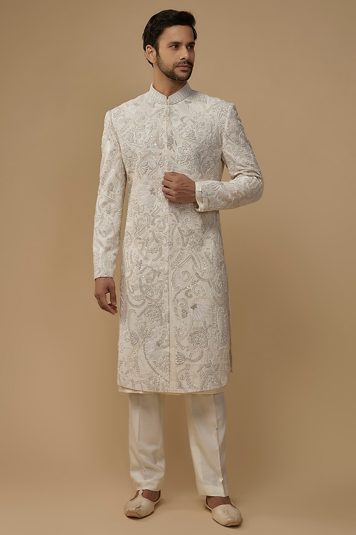 Ivory Raw Silk Dabka Embroidered Sherwani Set by Amaare