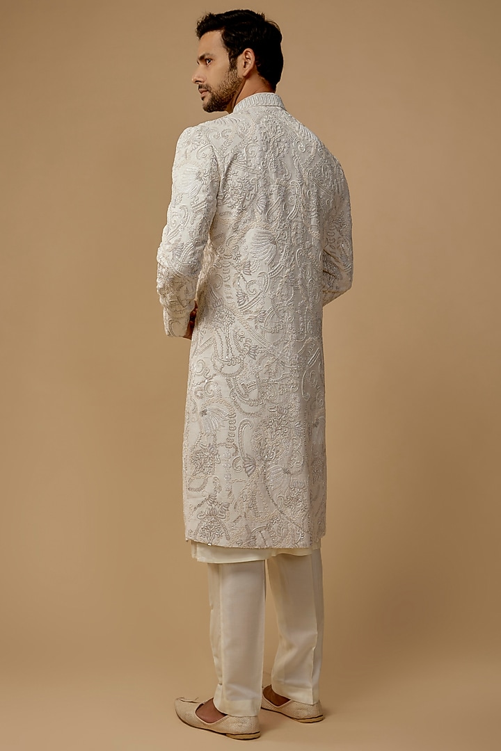 Ivory Raw Silk Dabka Embroidered Groom Sherwani Set by Amaare at Pernia's Pop Up Shop