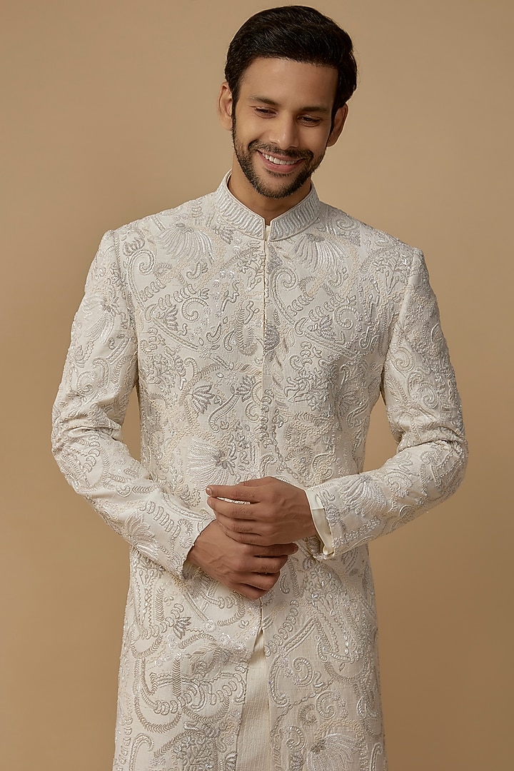 Ivory Raw Silk Dabka Embroidered Groom Sherwani Set by Amaare at Pernia's Pop Up Shop