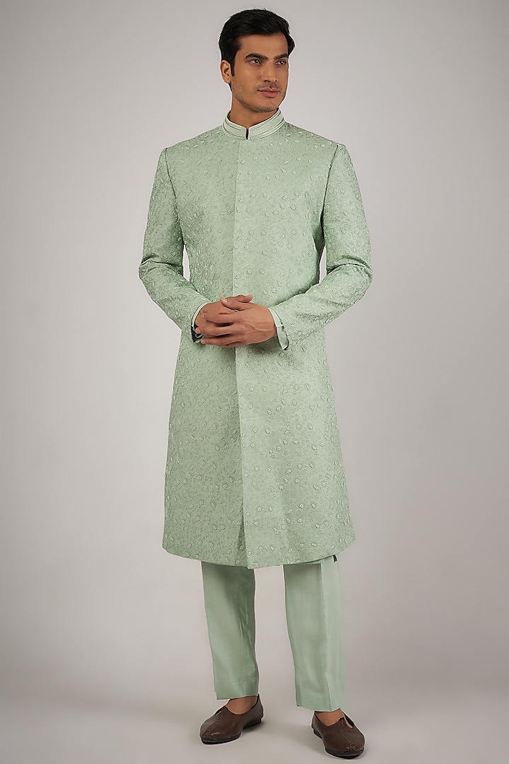 Pistachio Green Cotton Silk Blend Resham Hand Embroidered Sherwani Set by Amaare