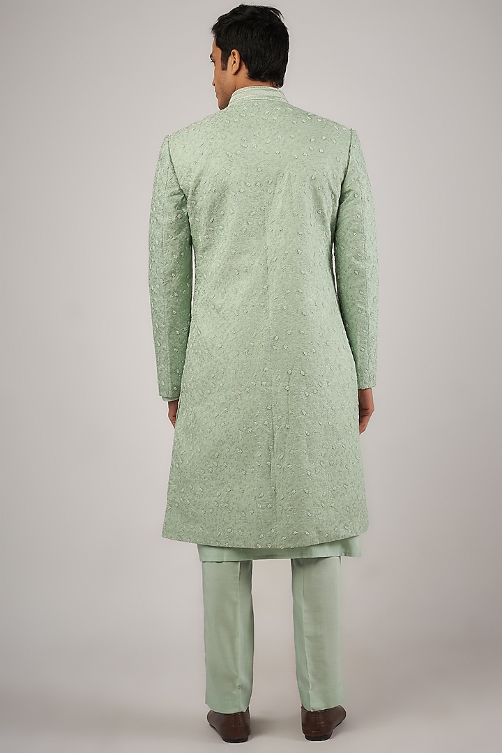 Pistachio Green Cotton Silk Blend Resham Hand Embroidered Groom Sherwani Set by Amaare at Pernia's Pop Up Shop