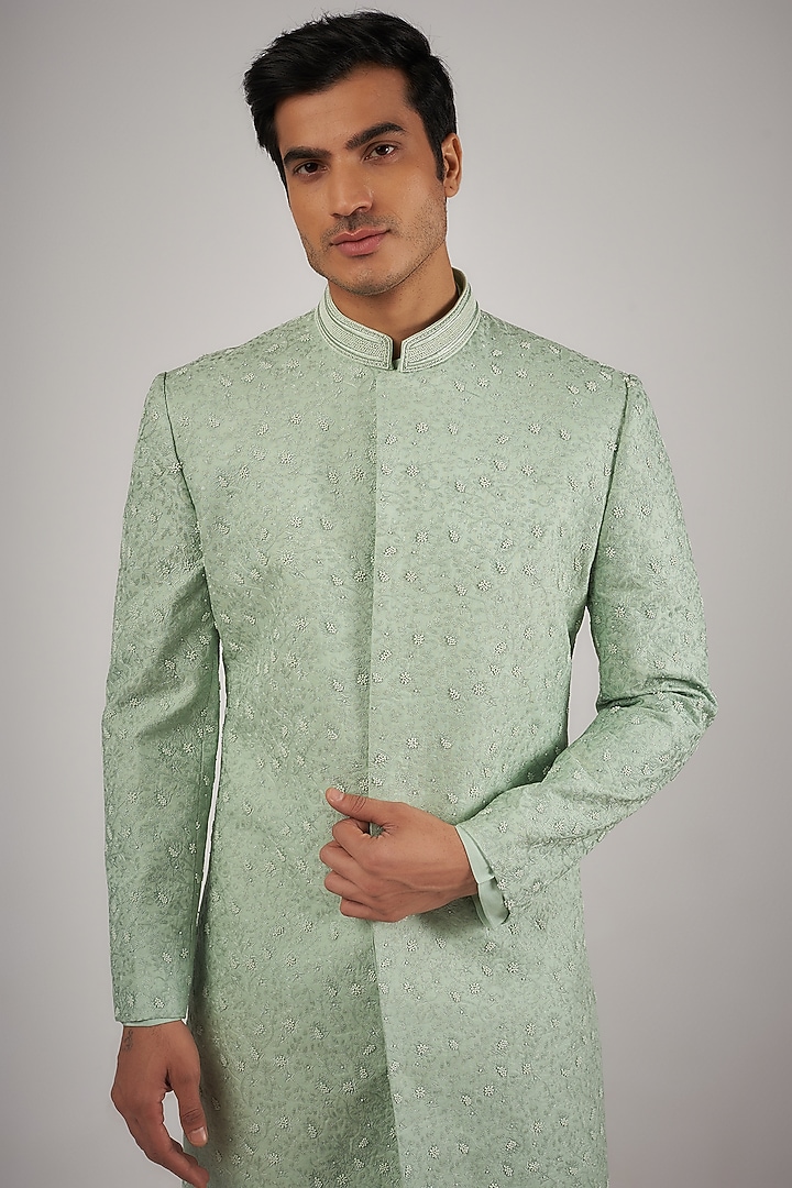 Pistachio Green Cotton Silk Blend Resham Hand Embroidered Groom Sherwani Set by Amaare at Pernia's Pop Up Shop