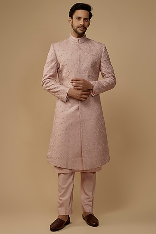 Pink Organza Hand Embrodiered Sherwani Set by Amaare