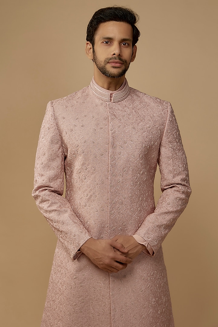 Pink Organza Hand Embrodiered Groom Sherwani Set by Amaare at Pernia's Pop Up Shop