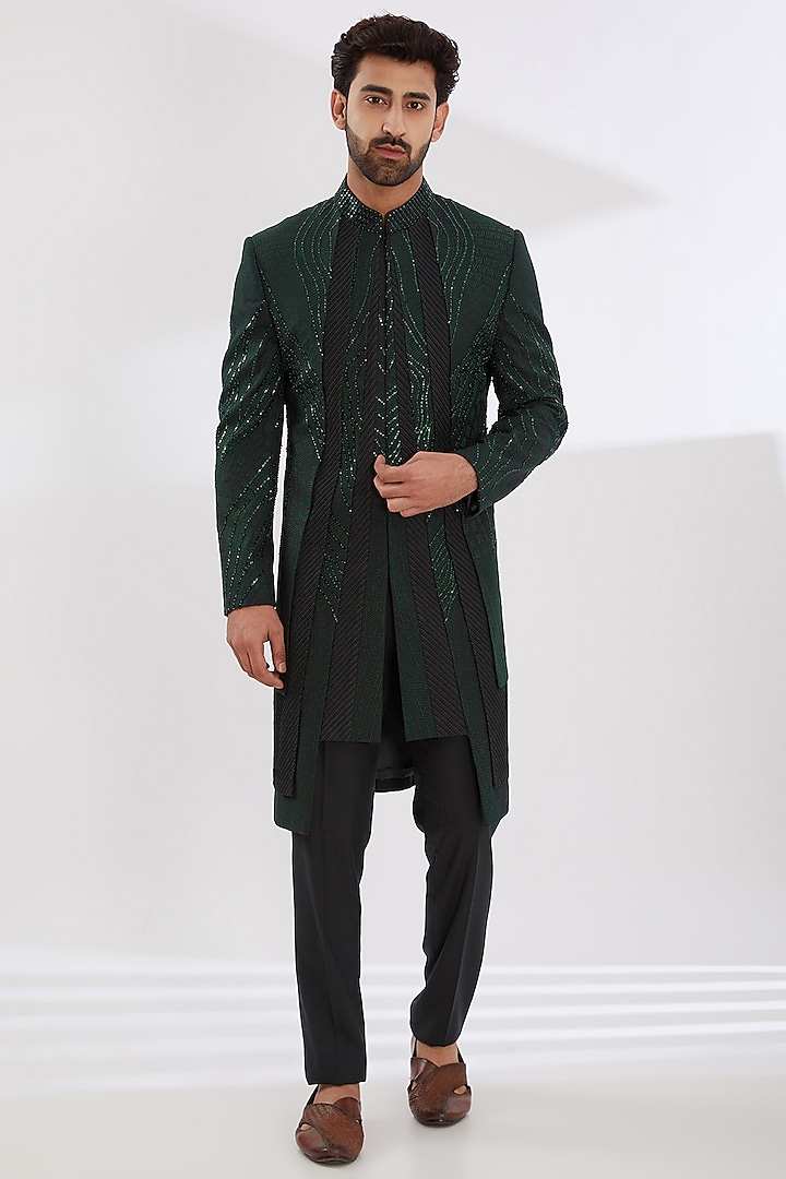 Green Rayon Hand & Machine Embroidered Indowestern Set by Amaare
