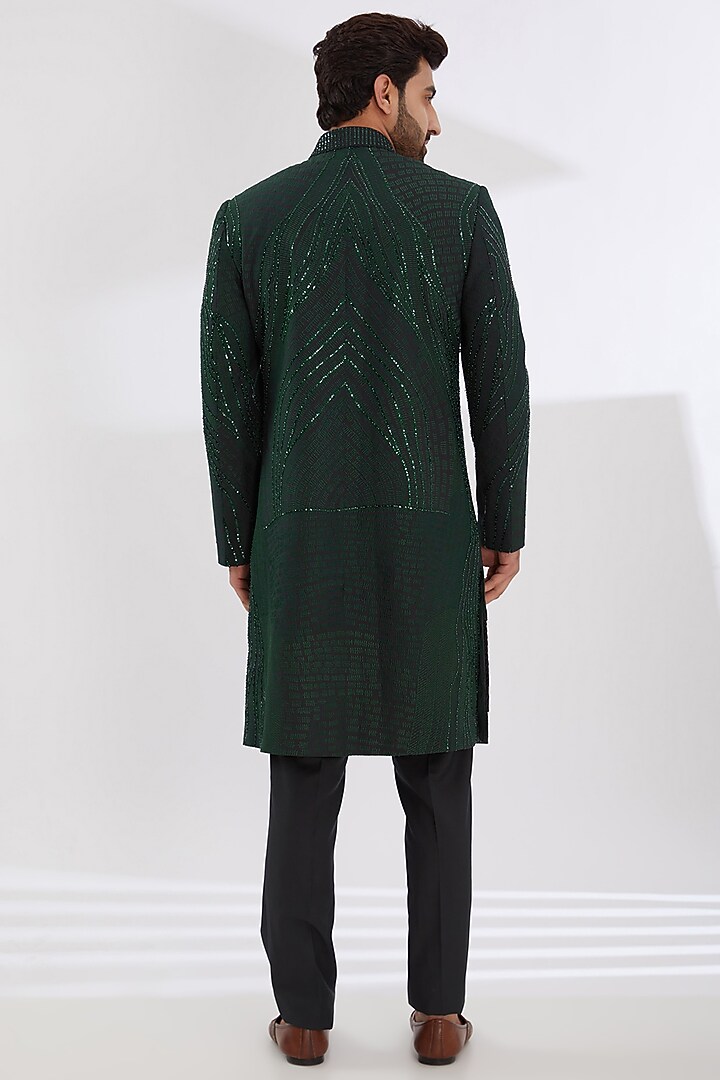 Green Rayon Hand & Machine Embroidered Groom Indowestern Set by Amaare at Pernia's Pop Up Shop