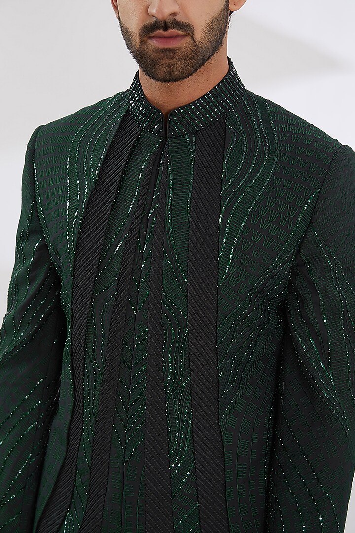 Green Rayon Hand & Machine Embroidered Groom Indowestern Set by Amaare at Pernia's Pop Up Shop