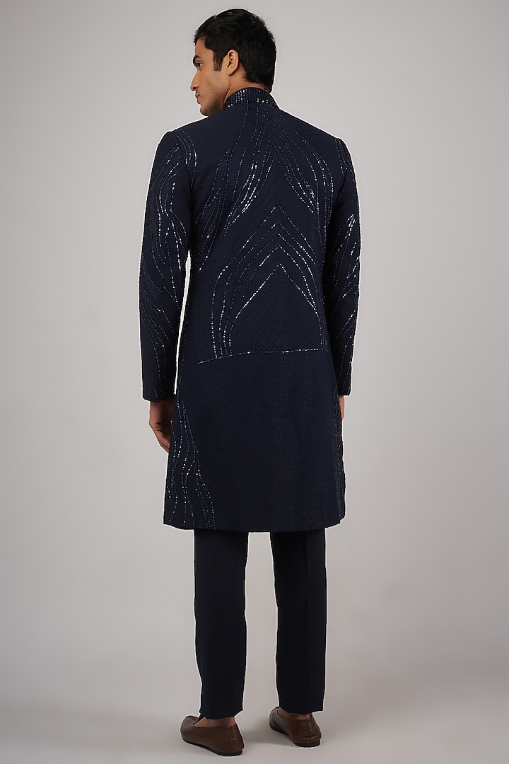 Blue Rayon Hand & Machine Embroidered Groom Indowestern Set by Amaare at Pernia's Pop Up Shop