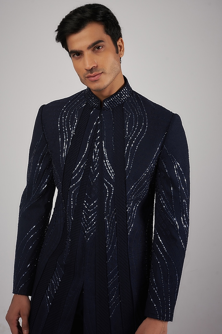 Blue Rayon Hand & Machine Embroidered Groom Indowestern Set by Amaare at Pernia's Pop Up Shop