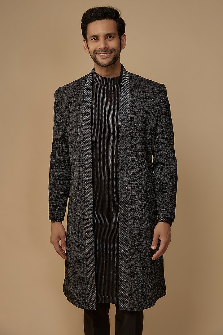 Black Wool Blend Gold Zari Embroidered Groom Indowestern Set by Amaare at Pernia's Pop Up Shop