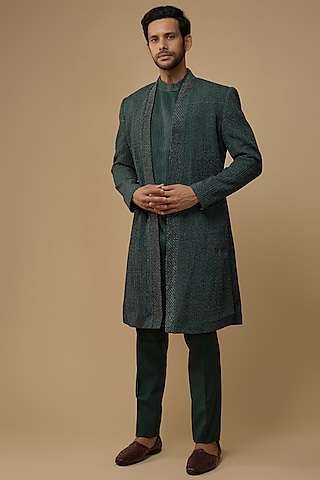 Green Wool Blend Gold Zari Embroidered Indowestern Set by Amaare