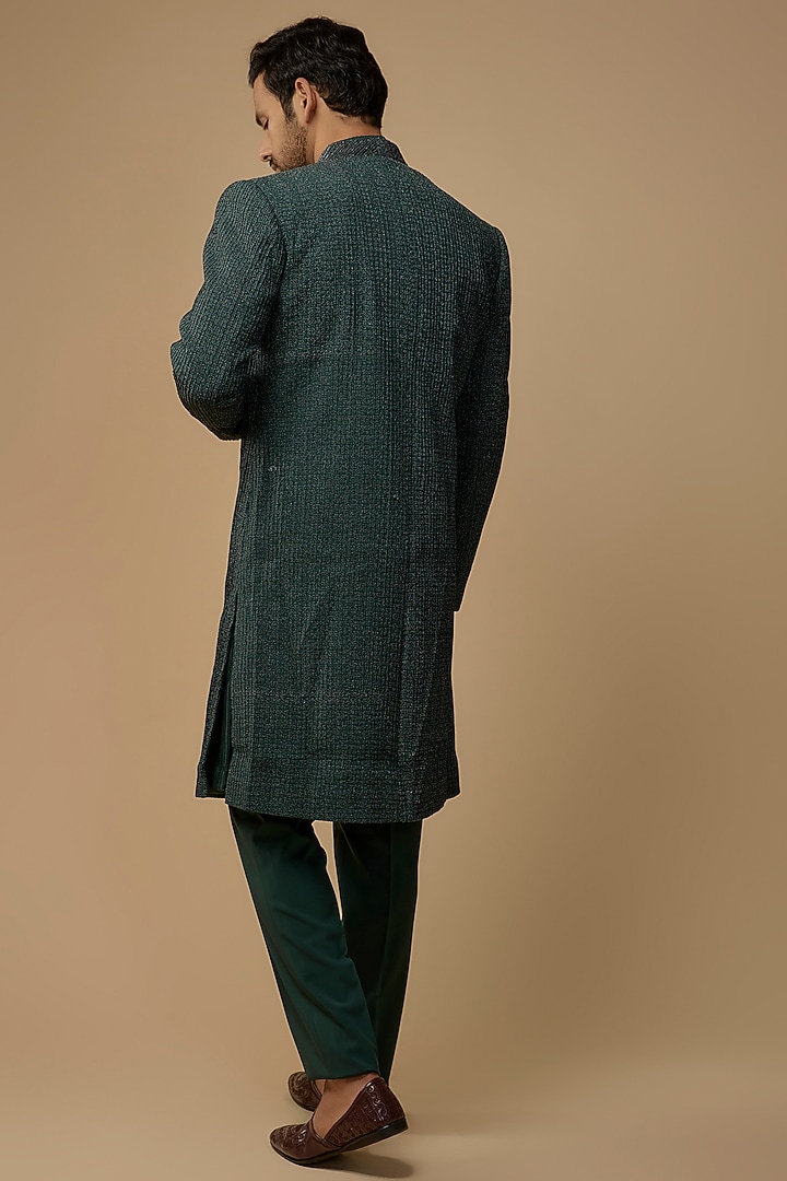 Green Wool Blend Gold Zari Embroidered Groom Indowestern Set by Amaare at Pernia's Pop Up Shop