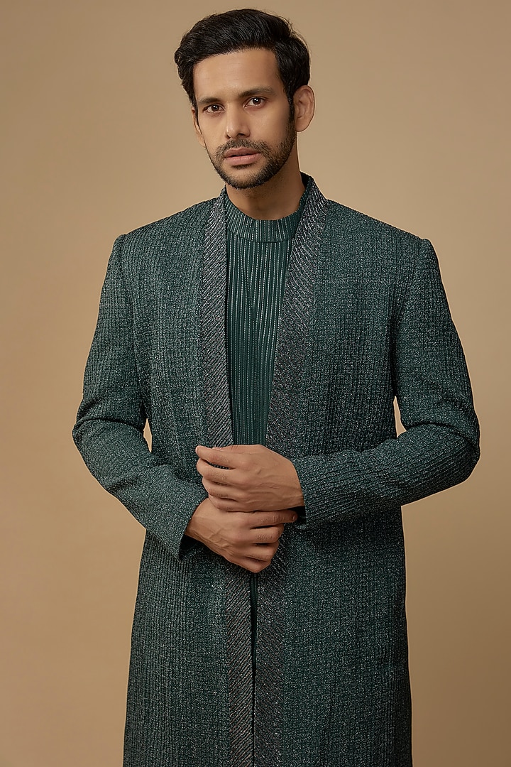 Green Wool Blend Gold Zari Embroidered Groom Indowestern Set by Amaare at Pernia's Pop Up Shop
