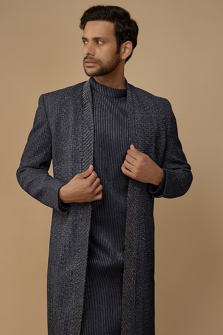 Blue Wool Blend Gold Zari Embroidered Groom Indowestern Set by Amaare at Pernia's Pop Up Shop