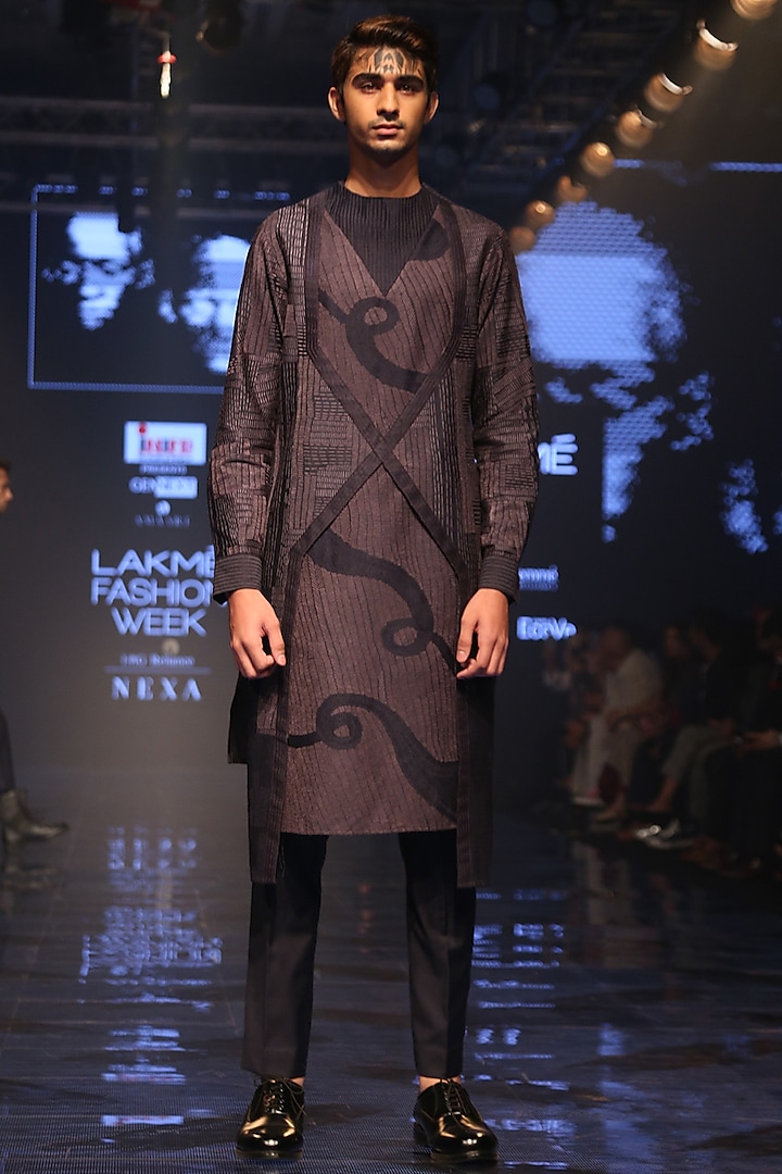 Navy Blue & Grey Embroidered Coat With Pants by Amaare
