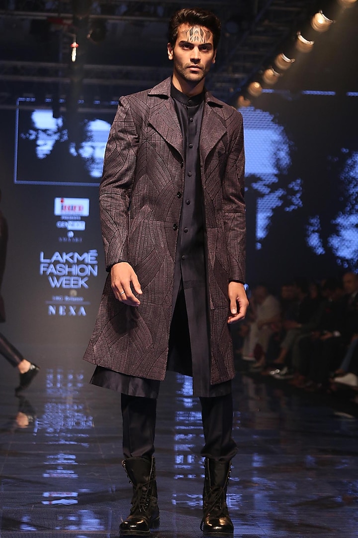 Navy Blue & Grey Embroidered Trench Coat With Pants by Amaare