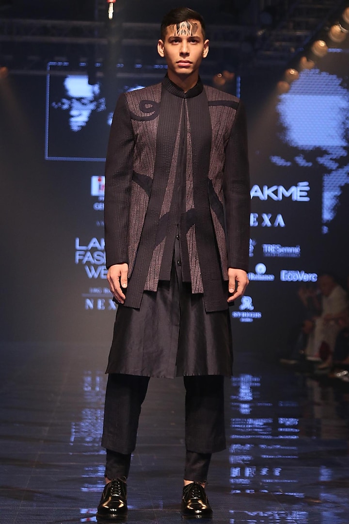 Navy Blue & Grey Embroidered Jacket With Trouser Pants by Amaare