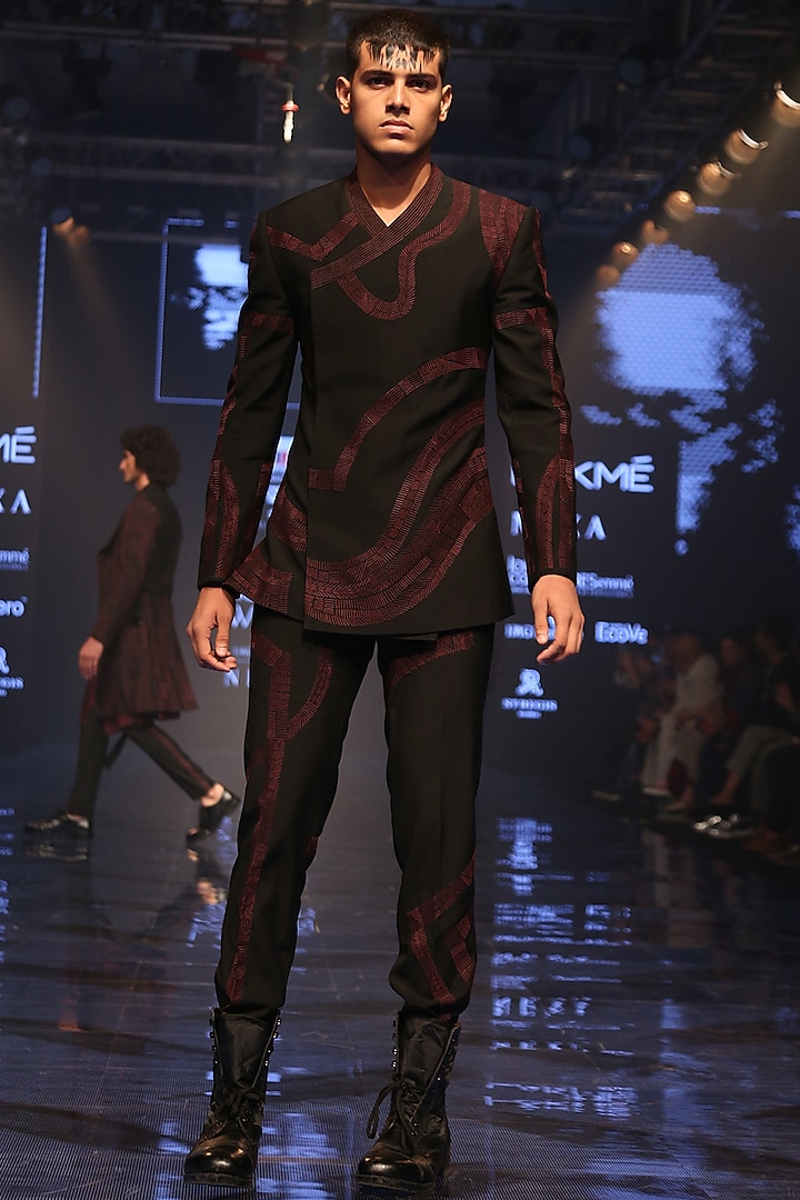 Wine & Black Embroidered Bandhgala Jacket With Pants by Amaare