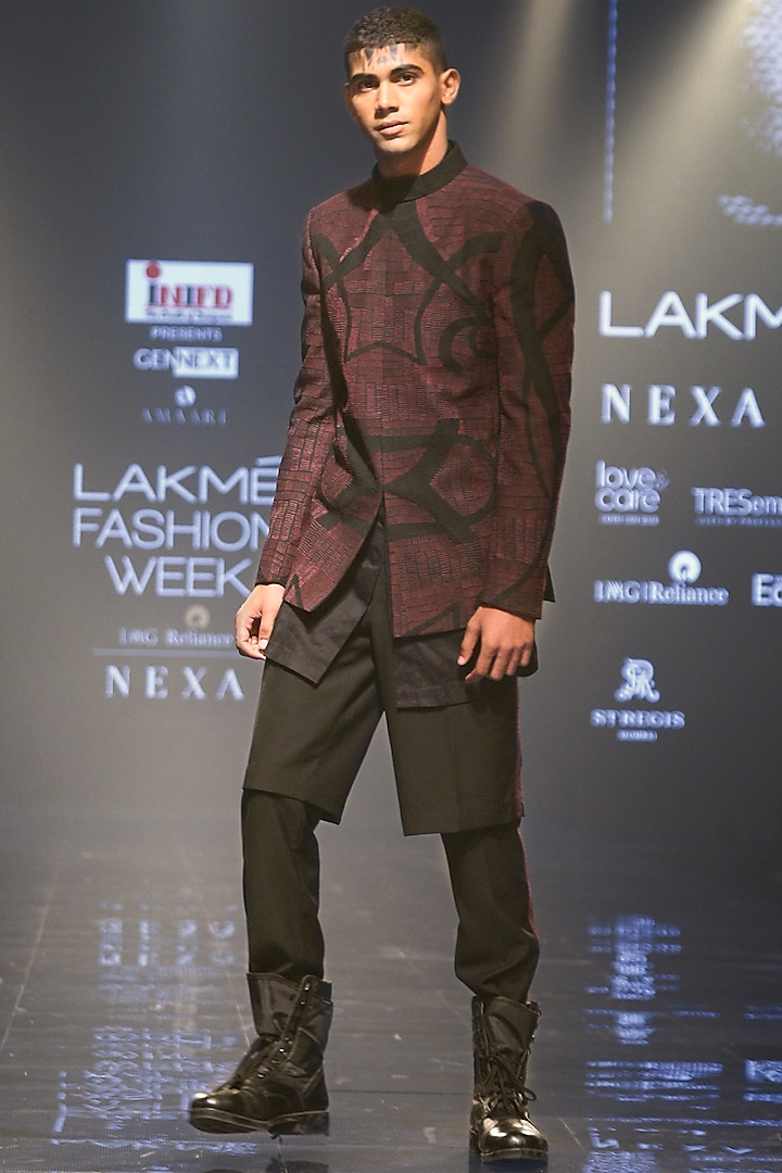 Wine & Black Embroidered Jacket With Trouser Pants by Amaare