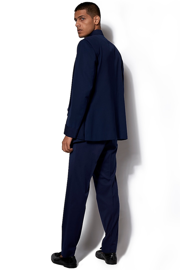 Navy Blue Draped Wedding Bandhgala Jacket Set by Amaare at Pernia's Pop Up Shop
