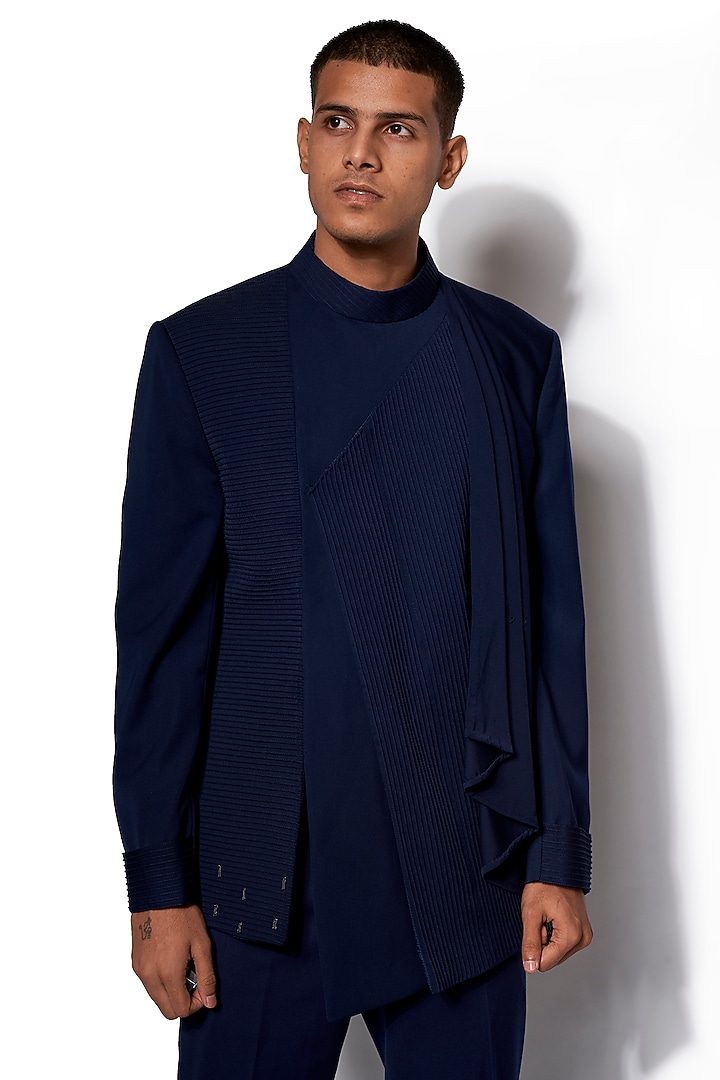 Navy Blue Draped Wedding Bandhgala Jacket Set by Amaare at Pernia's Pop Up Shop