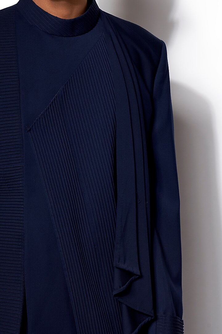 Navy Blue Draped Wedding Bandhgala Jacket Set by Amaare at Pernia's Pop Up Shop