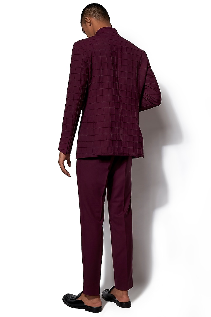 Wine Checkered Wedding Bandhgala Jacket Set by Amaare at Pernia's Pop Up Shop