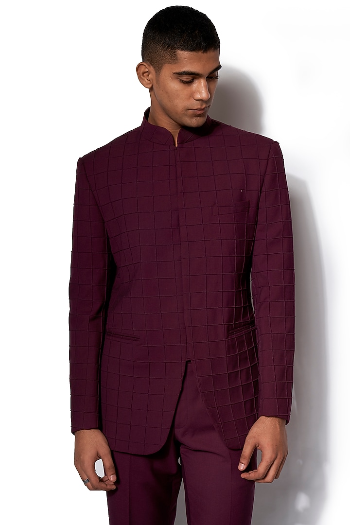 Wine Checkered Wedding Bandhgala Jacket Set by Amaare at Pernia's Pop Up Shop