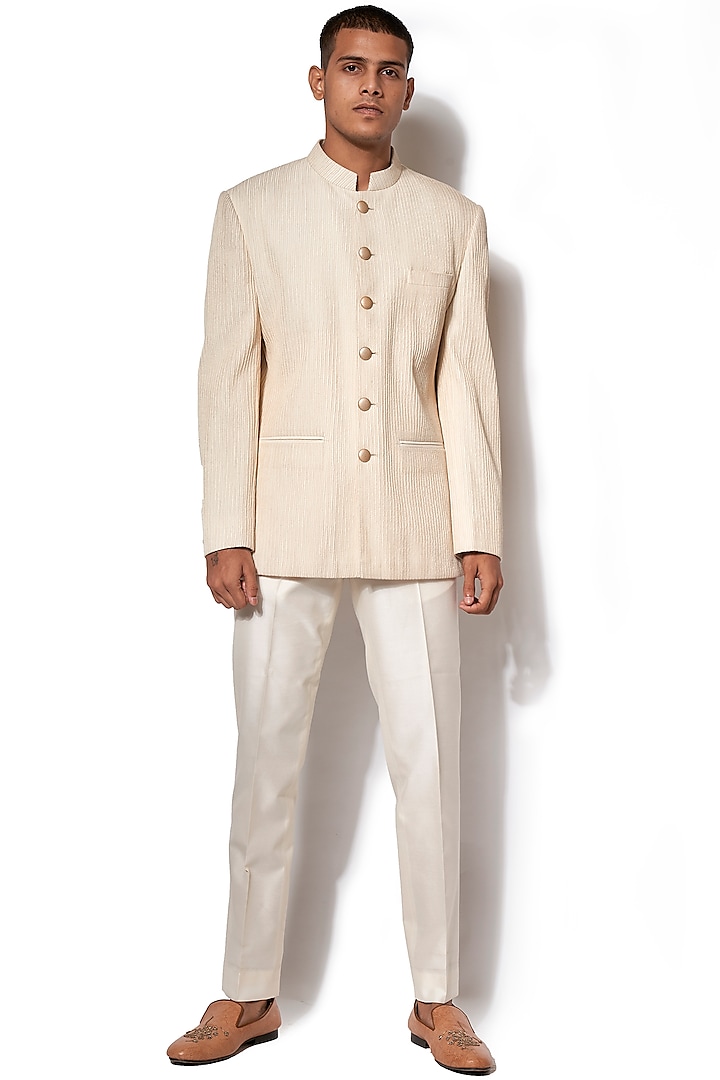 Ivory Pintuck Bandhgala Jacket With Pants by Amaare