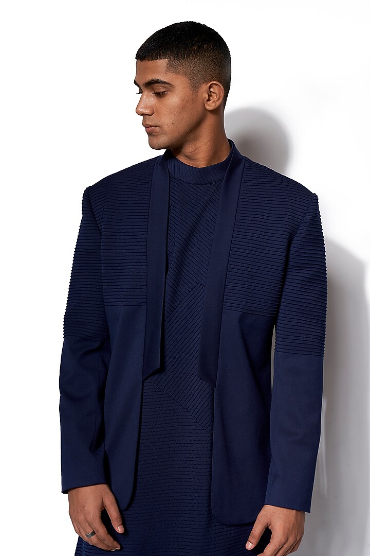 Navy Blue Groom Bandhgala Jacket With Kurta Set by Amaare at Pernia's Pop Up Shop