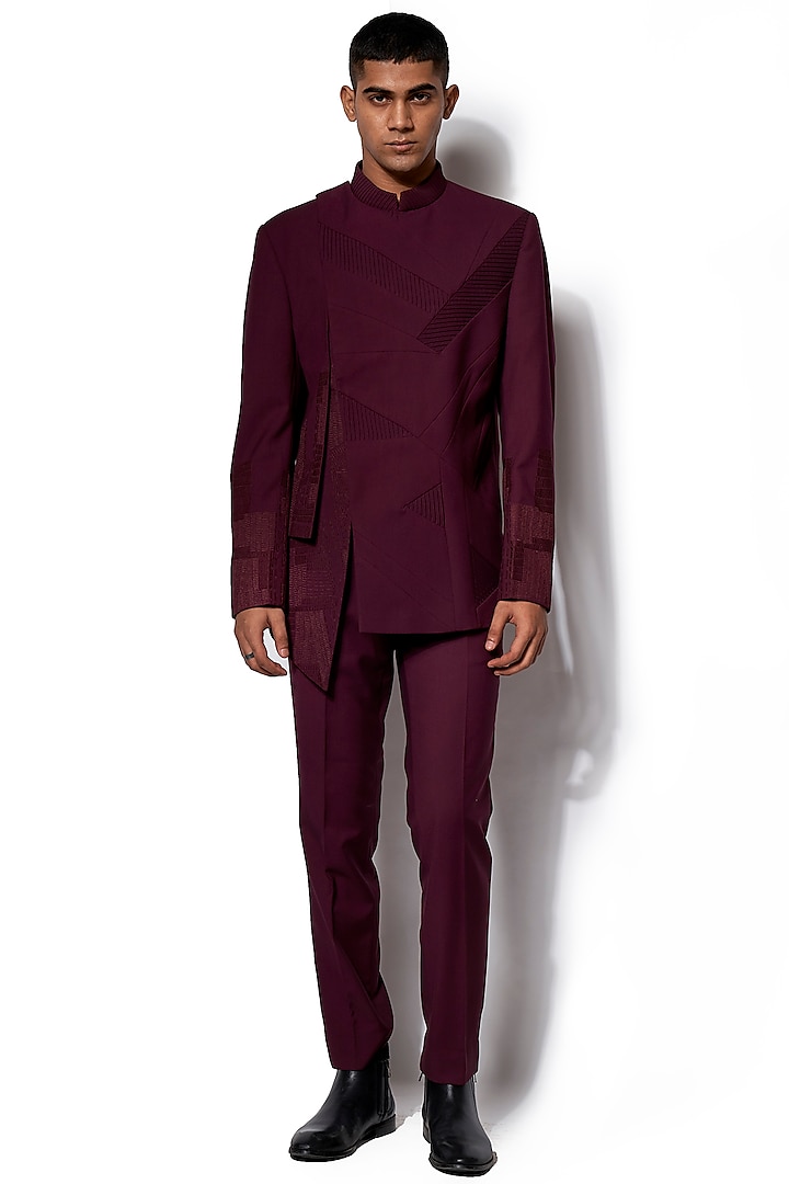 Wine Embroidered Bandhgala Jacket With Pants by Amaare