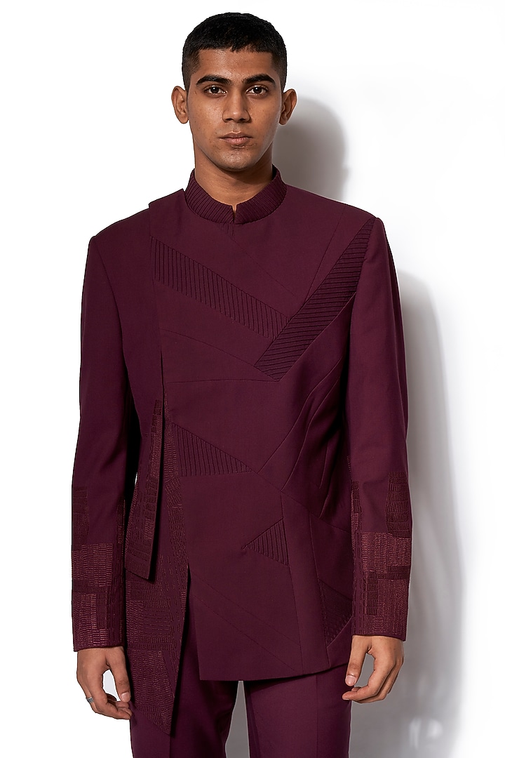 Wine Embroidered Wedding Bandhgala Jacket With Pants by Amaare at Pernia's Pop Up Shop