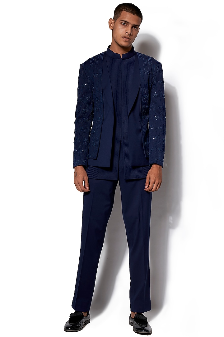 Navy Blue Embroidered Wedding Bandhgala Jacket Set by Amaare at Pernia's Pop Up Shop