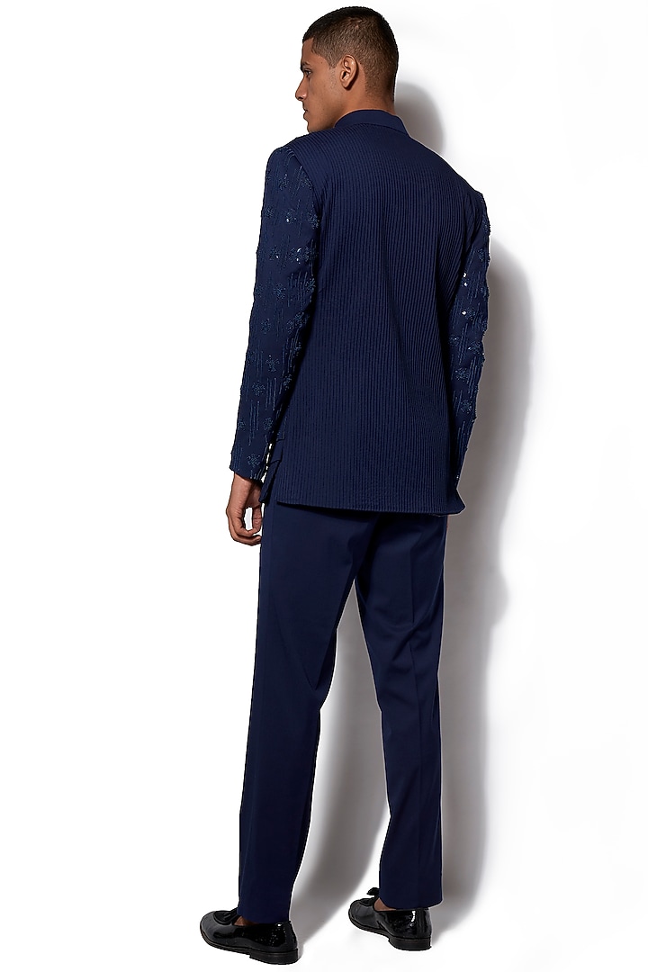 Navy Blue Embroidered Wedding Bandhgala Jacket Set by Amaare at Pernia's Pop Up Shop