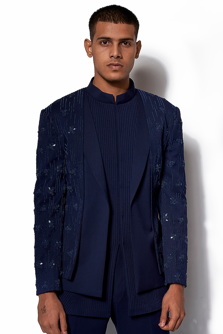 Navy Blue Embroidered Wedding Bandhgala Jacket Set by Amaare at Pernia's Pop Up Shop