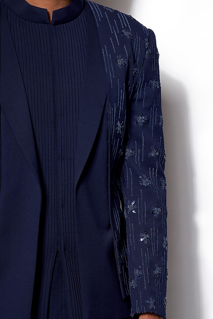 Navy Blue Embroidered Wedding Bandhgala Jacket Set by Amaare at Pernia's Pop Up Shop