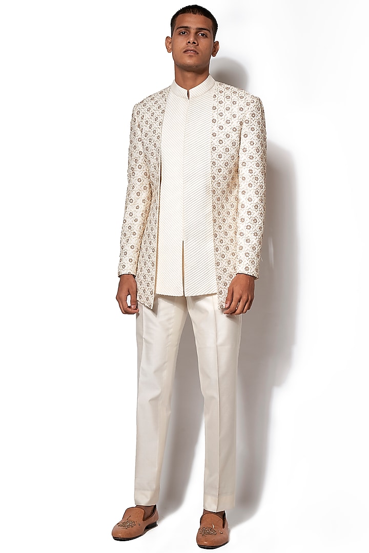 Ivory Embroidered Bandhgala Jacket With Pants by Amaare