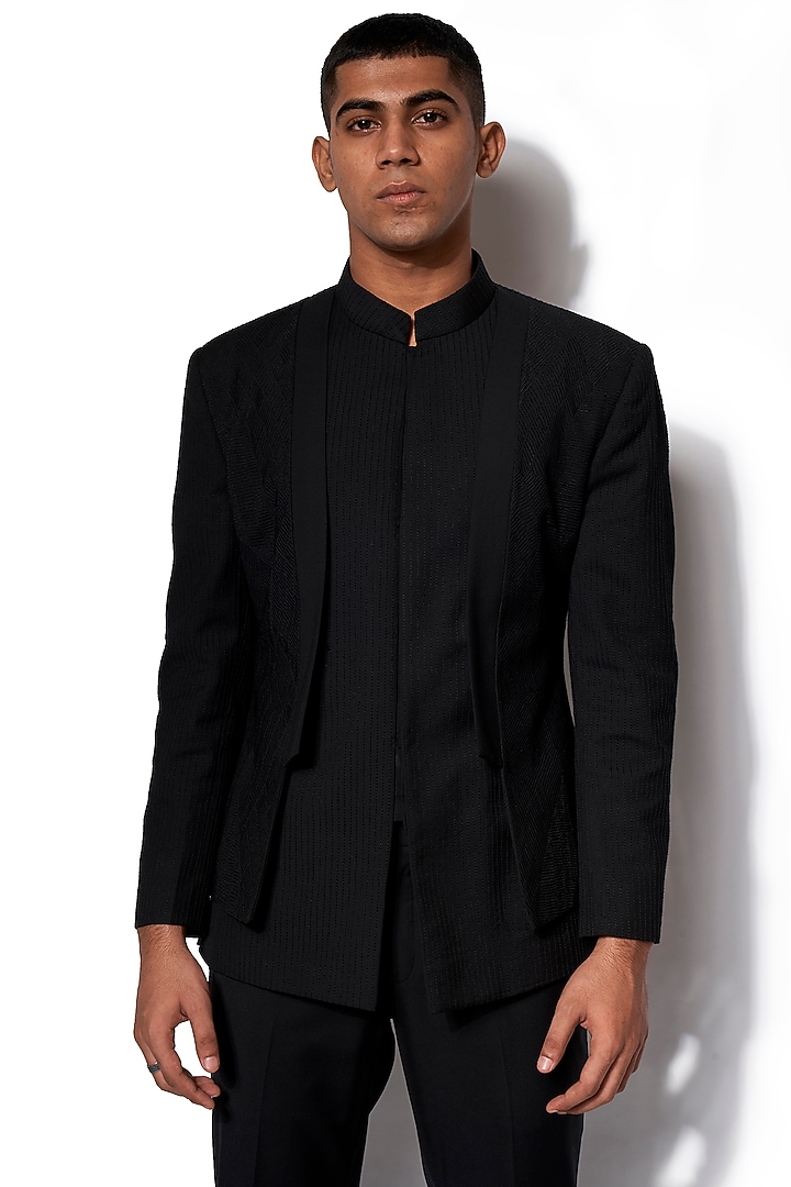Black Wool Blend Fabric Embroidered Wedding Bandhgala Set by Amaare at Pernia's Pop Up Shop
